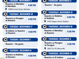 Nuestro soccer game schedule with dates, times, and locations